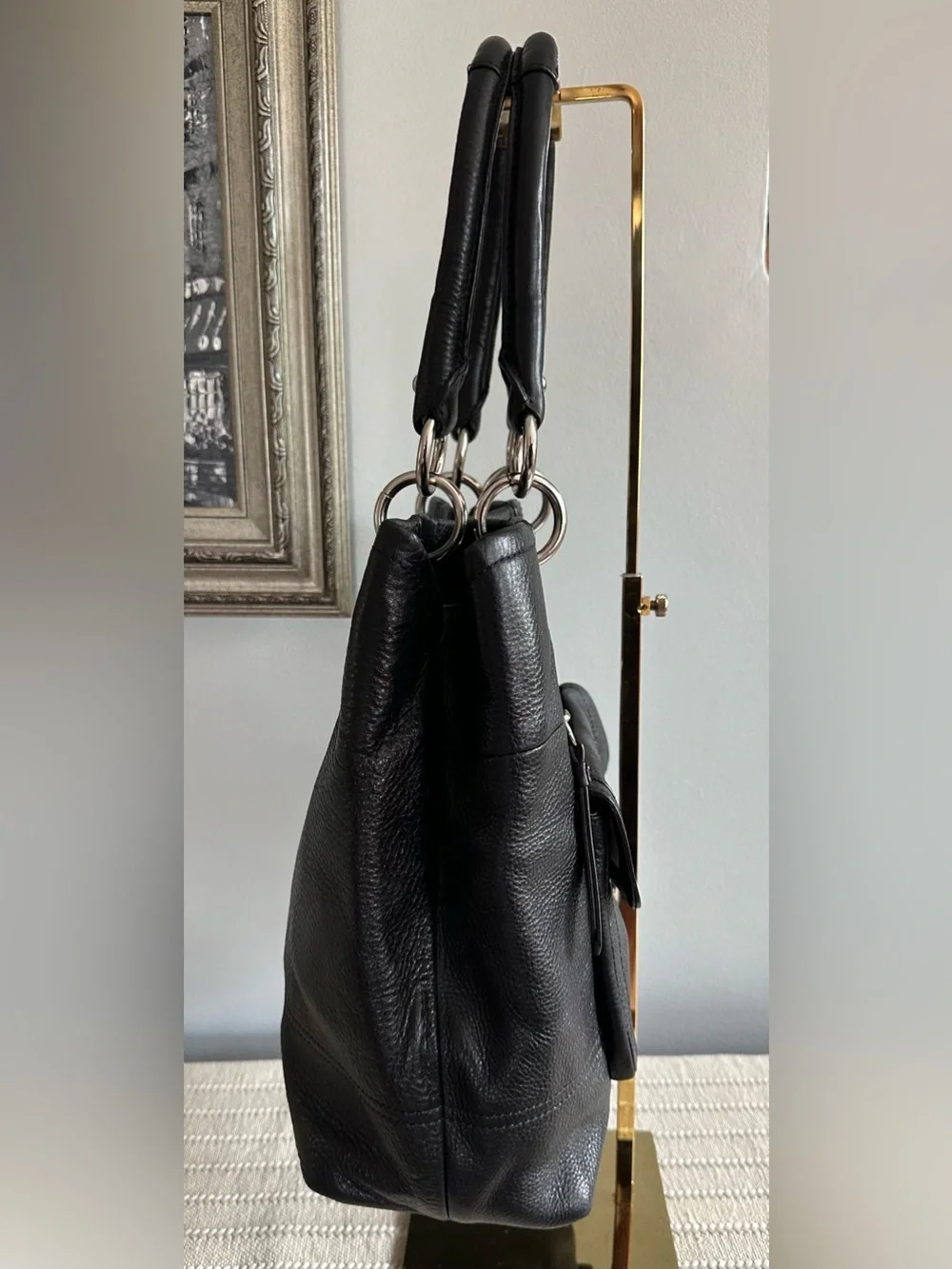 COACH Black Leather Shoulder Tote Bag with Front Pocket Dated 2010